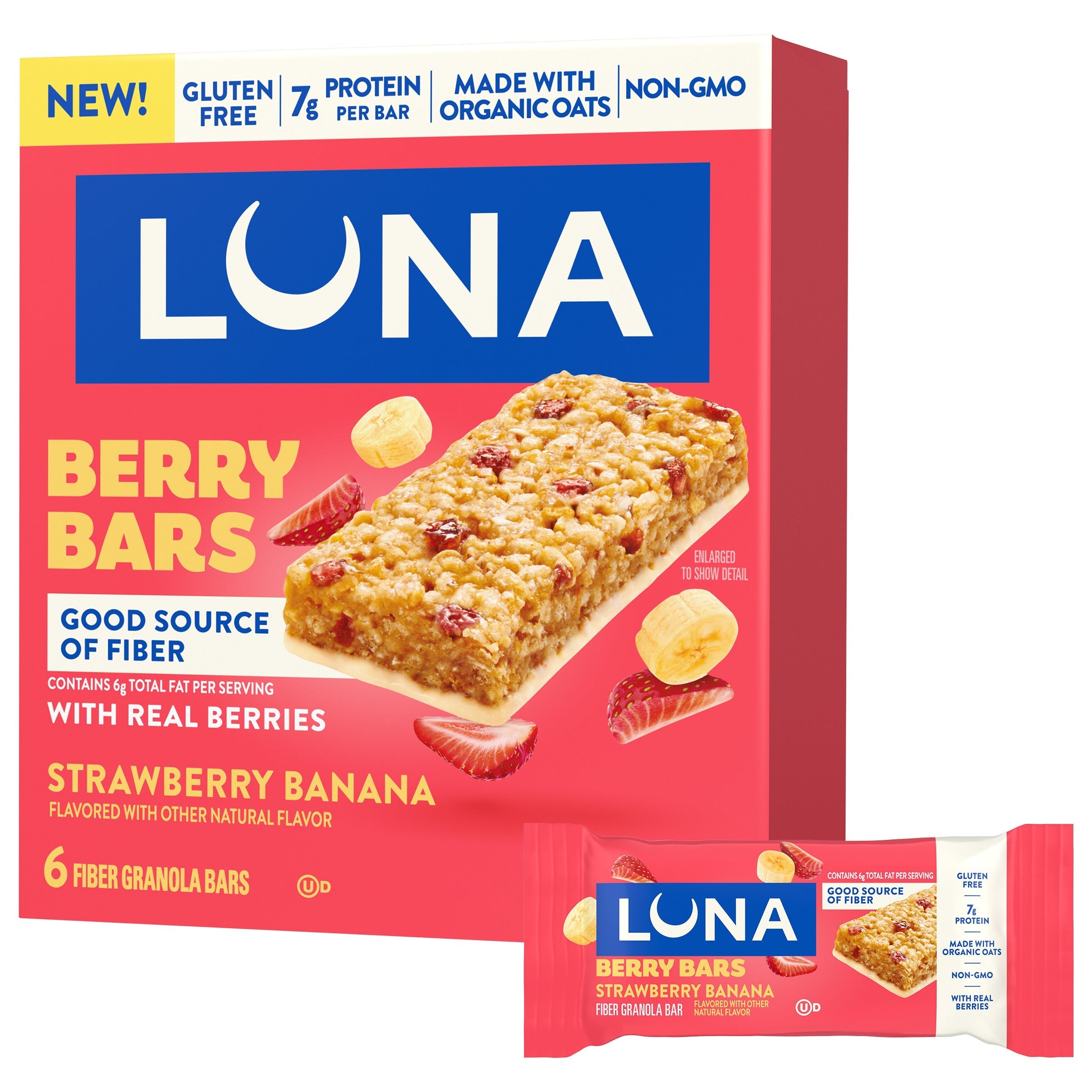 LUNA Berry Bars Strawberry Banana Flavor Gluten Free Snack Bars, Non-GMO Protein Bars