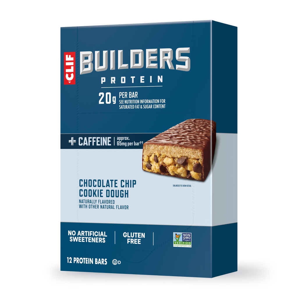 CLIF BUILDERS + Caffeine Chocolate Chip Cookie Dough Flavor Plant Based Protein Bars