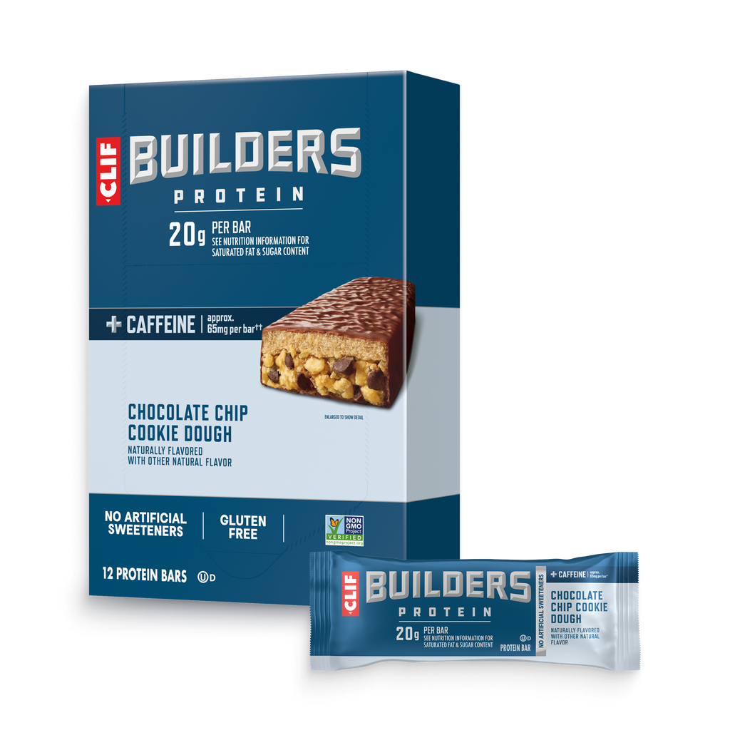 CLIF BUILDERS + Caffeine Chocolate Chip Cookie Dough Flavor Plant Based Protein Bars