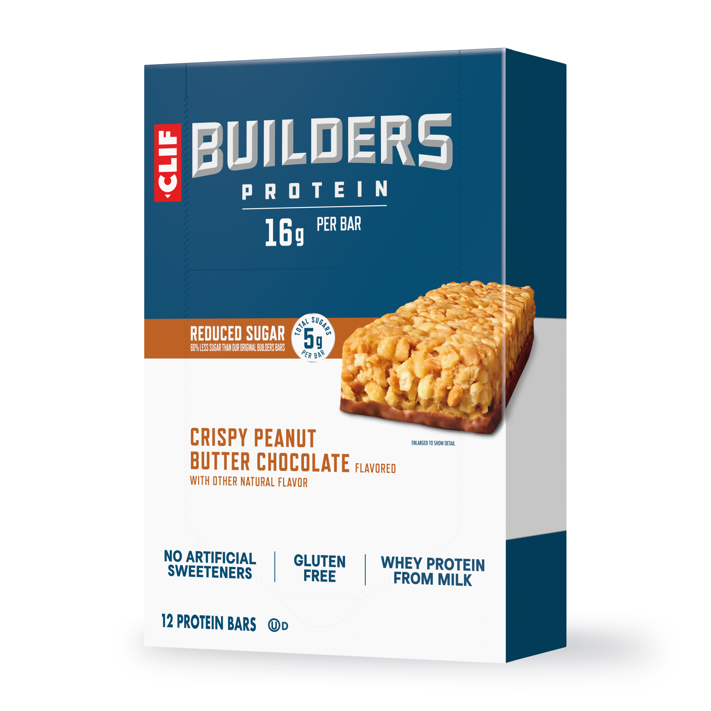CLIF BUILDERS Crispy Peanut Butter Chocolate Flavored Protein Bar, Reduced Sugar