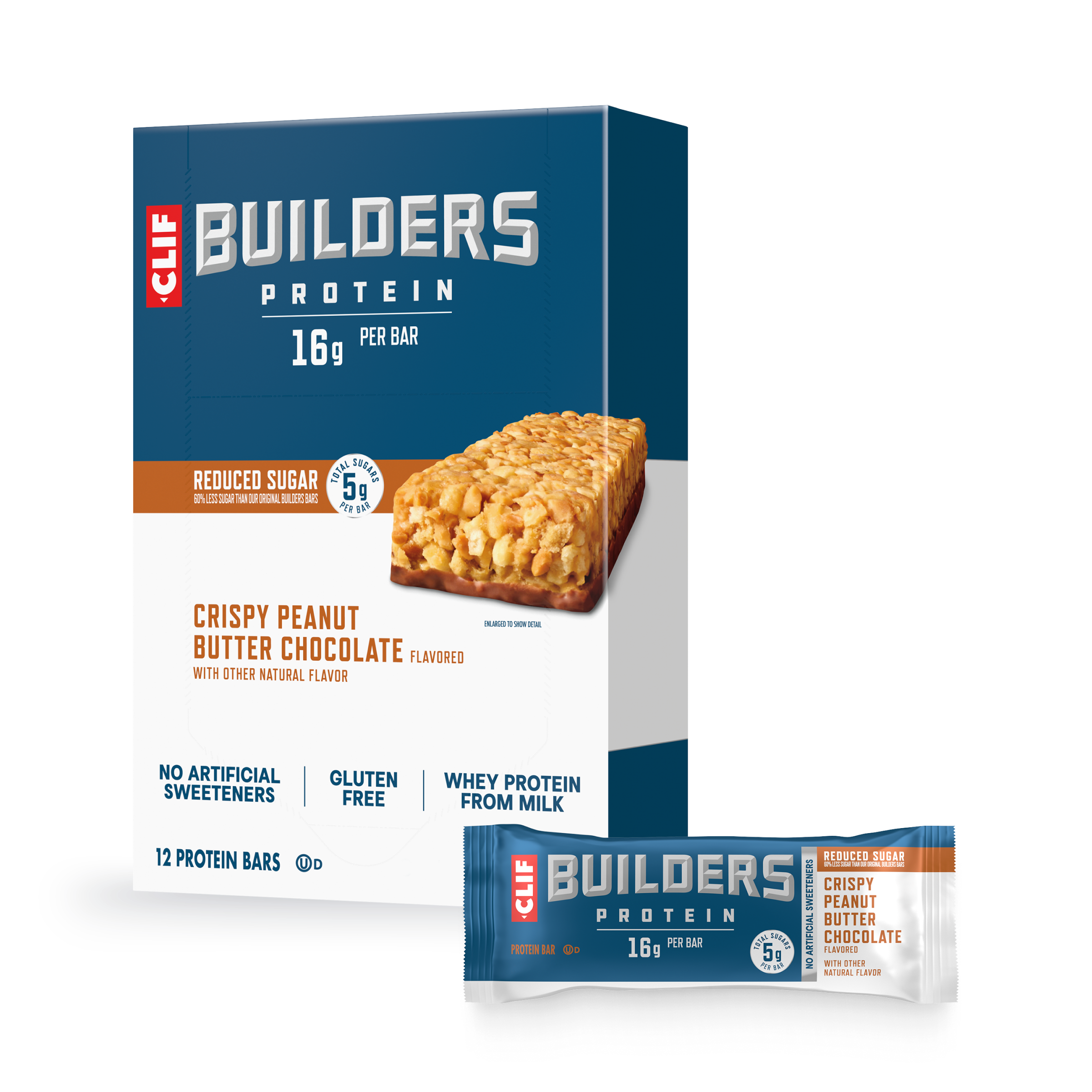 CLIF BUILDERS Crispy Peanut Butter Chocolate Flavored Protein Bar, Reduced Sugar